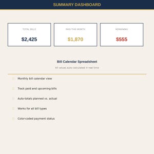 May include: A digital dashboard displaying financial data. The top section shows "TOTAL BILLS" at $2,425, "PAID THIS MONTH" at $1,870, and "REMAINING" at $555. Below, the text reads "Bill Calendar Spreadsheet" with features like monthly views and auto-calculated totals.