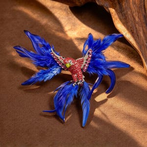 Vintage Style Parrot Brooch: Ruby Crystal, Blue Feathers, Statement Jewelry Pin