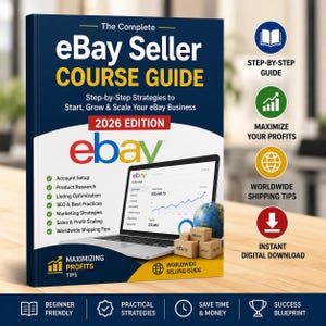 May include: A dark blue book titled The Complete eBay Seller COURSE GUIDE 2026 EDITION. The cover features a laptop displaying an eBay dashboard, a small globe, and stacked boxes. Text includes Account Setup, Product Research, and Maximizing Profits Tips.