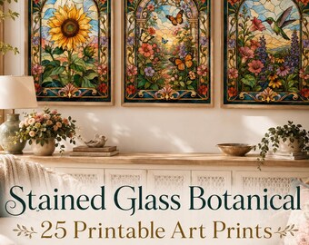 Puede incluir: Tres impresiones de arte mural rectangulares con diseños de vidrieras de un girasol, mariposas en un jardín y un colibrí entre flores. El texto dice Stained Glass Botanical 25 Printable Art Prints 4 Sizes Included JPG + PDF.