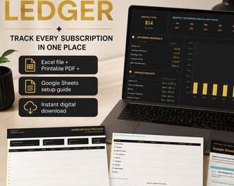 Puede incluir: Un registro de suscripción digital con el título "SUBSCRIPTION LEDGER" y el texto "TRACK EVERY SUBSCRIPTION IN ONE PLACE". Incluye archivo Excel, PDF imprimible, guía de configuración de Google Sheets y descarga digital instantánea.