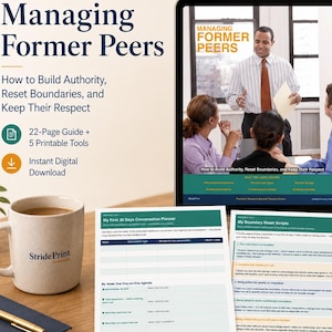Puede incluir: Una guía digital titulada Managing Former Peers: How to Build Authority, Reset Boundaries, and Keep Their Respect. El conjunto incluye una guía de 22 páginas, 5 herramientas imprimibles y una descarga digital instantánea en tableta y papel.