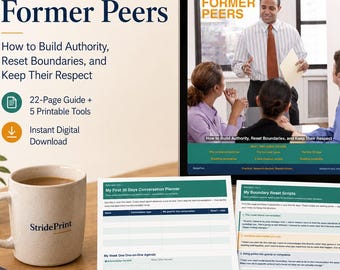 Puede incluir: Una guía digital titulada Managing Former Peers: How to Build Authority, Reset Boundaries, and Keep Their Respect. El conjunto incluye una guía de 22 páginas, 5 herramientas imprimibles y una descarga digital instantánea en tableta y papel.