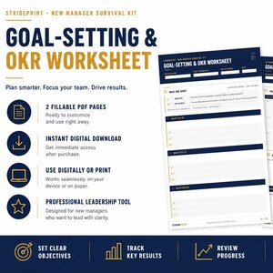 Puede incluir: Un producto de descarga digital con un diseño azul marino y dorado. El producto es una hoja de trabajo de establecimiento de objetivos y OKR, diseñada para nuevos gerentes. La imagen incluye el texto "Descarga instantánea" y "Herramienta de liderazgo profesional."