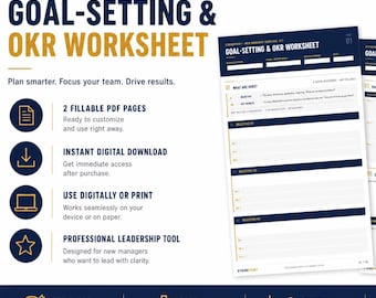Puede incluir: Un producto de descarga digital con un diseño azul marino y dorado. El producto es una hoja de trabajo de establecimiento de objetivos y OKR, diseñada para nuevos gerentes. La imagen incluye el texto "Descarga instantánea" y "Herramienta de liderazgo profesional."