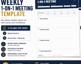 Puede incluir: Una plantilla digital para reuniones semanales individuales. La plantilla incluye dos páginas PDF rellenables: un registro semanal y elementos de acción con seguimiento. El diseño es blanco con detalles en azul marino y el texto "Weekly 1-on-1 Meeting Template."