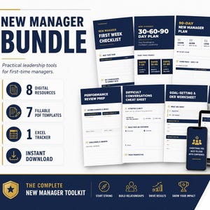 May include: A bundle of digital resources for new managers, including checklists, worksheets, and trackers. The navy blue and white documents are displayed with a laptop and smartphone. The text reads "New Manager Bundle" and "The Complete New Manager Toolkit".
