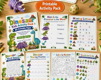 Puede incluir: Un conjunto de páginas de actividades con temática de dinosaurios para niños. El conjunto incluye juegos para colorear, trazar, buscar palabras y emparejar. La portada dice "Dinosaur Kids Activity Pack" con "30 páginas imprimibles". Las páginas son tamaño US Letter, 21.6 x 27.9 cm.