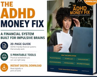 Puede incluir: Portada del libro The ADHD Money Fix. La portada muestra a una mujer mirando una computadora portátil, con el título en letras grandes de color naranja. El libro promete un sistema financiero para cerebros impulsivos, con una guía de 20 páginas y 5 herramientas imprimibles.
