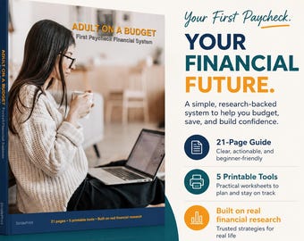 Puede incluir: Un libro titulado "Adult on a Budget" con una mujer sosteniendo una taza, una computadora portátil y el texto "Your Financial Future". La portada del libro es azul con texto blanco y naranja. La imagen también incluye iconos y texto sobre una guía y herramientas.