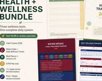 Puede incluir: Un paquete digital de salud y bienestar que incluye un rastreador de hábitos, un rastreador de ingesta de agua y bienestar diario, y un planificador de comidas con una lista de compras. El paquete incluye 6 archivos PDF con más de 11 páginas. El texto de la imagen dice "Health + Wellness Bundle".