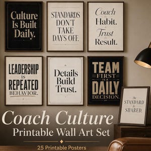 May include: A collection of seven framed wall art prints featuring motivational text in black and cream colors. The prints display phrases such as Culture Is Built Daily, Standards Don't Take Days Off, Coach the Habit, Trust the Result, and Team First.