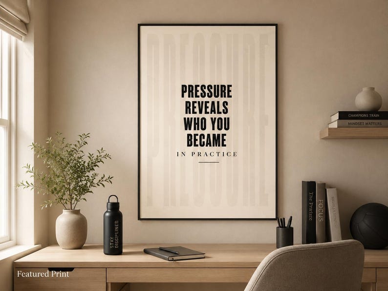 May include: A framed print with the text "PRESSURE REVEALS WHO YOU BECAME IN PRACTICE" hangs above a wooden desk. A black water bottle with "STAY DISCIPLINED" is on the desk, along with a notebook, pen holder, and books.
