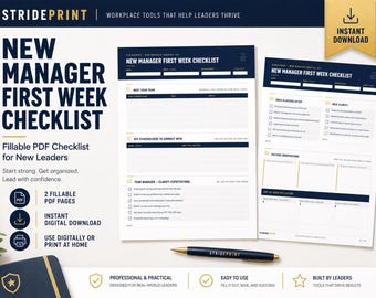 Puede incluir: Una descarga digital de una "Lista de verificación de la primera semana del nuevo gerente" en formato PDF rellenable. El diseño presenta una combinación de colores azul marino y blanco, con el texto "StridePrint" en la parte superior. La lista es para nuevos líderes.