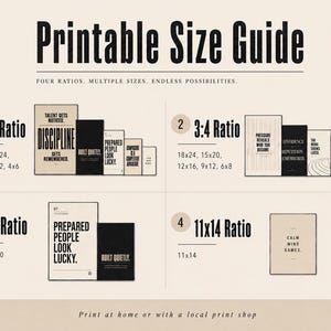 May include: A printable size guide with four ratios and multiple sizes. The guide includes examples of framed art prints in 2:3, 3:4, 4:5, and 11x14 ratios, with inspirational quotes. The text "Printable Size Guide" is at the top.