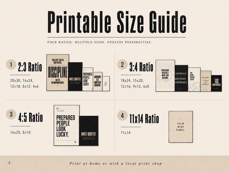 May include: A printable size guide with four ratios and multiple sizes. The guide includes examples of framed art prints in 2:3, 3:4, 4:5, and 11x14 ratios, with inspirational quotes. The text "Printable Size Guide" is at the top.