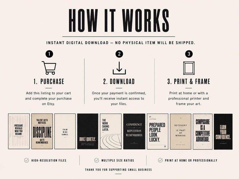 May include: An instructional graphic titled "HOW IT WORKS" with steps for purchasing, downloading, and printing digital art. The image includes a shopping cart, a download icon, and a framed picture icon. Below are examples of motivational art prints.