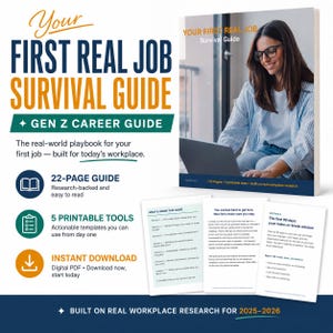 Puede incluir: Una guía de carrera titulada "Your First Real Job Survival Guide" para la Generación Z. La imagen muestra a una mujer usando una computadora portátil, con páginas adicionales que detallan el contenido de la guía. Incluye una guía de 22 páginas y 5 herramientas imprimibles.