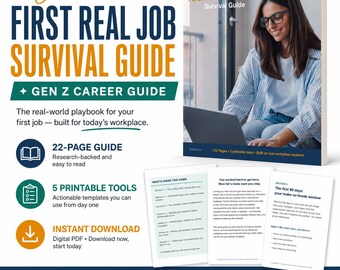 Puede incluir: Una guía de carrera titulada "Your First Real Job Survival Guide" para la Generación Z. La imagen muestra a una mujer usando una computadora portátil, con páginas adicionales que detallan el contenido de la guía. Incluye una guía de 22 páginas y 5 herramientas imprimibles.