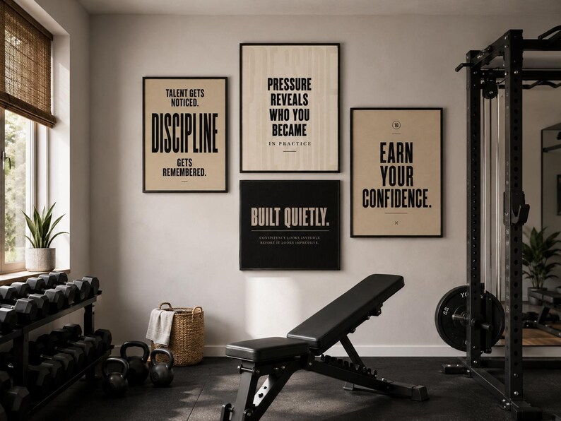 May include: A home gym with motivational posters on the wall. The posters have text that reads: "Talent gets noticed. Discipline gets remembered.", "Pressure reveals who you became in practice.", "Earn your confidence.", and "Built quietly."