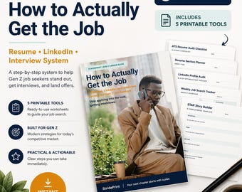 Puede incluir: Una descarga digital titulada "How to Actually Get the Job", una guía de carrera para la Generación Z. La portada muestra a una persona por teléfono. Incluye 5 herramientas imprimibles, currículum, LinkedIn y sistema de entrevistas.