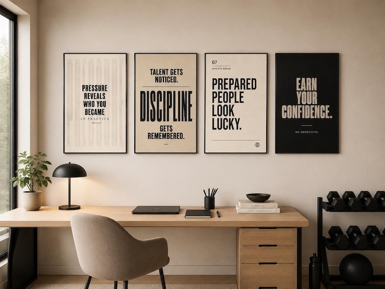 May include: Four framed motivational posters with black frames hang above a desk. The posters have white and black backgrounds with text that reads: "Pressure Reveals Who You Became", "Talent Gets Noticed. Discipline Gets Remembered.", "Prepared People Look Lucky.", and "Earn Your Confidence."