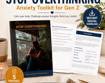 Puede incluir: Un kit de herramientas digital titulado "STOP OVERTHINKING" para la Generación Z, con una portada que presenta a una mujer mirando por una ventana. Incluye 5 herramientas imprimibles, contenido basado en TCC y recursos de crisis. El texto dice "Descarga digital instantánea".
