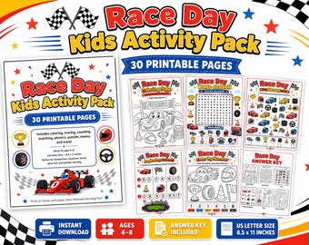 Puede incluir: Un "Pack de actividades Race Day para niños" con 30 páginas imprimibles. La portada presenta un coche de carreras rojo y banderas a cuadros. Incluye colorear, trazar y rompecabezas. Tamaño US Letter, 21.6 x 27.9 cm, para edades de 4-8 años.
