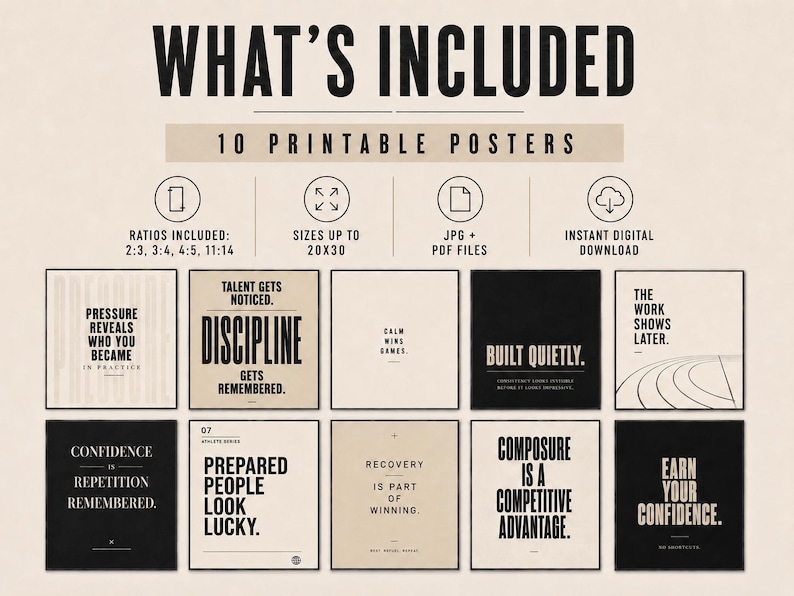 May include: A set of 10 printable posters with motivational quotes in black and white. The posters include phrases like "Discipline gets remembered" and "Earn your confidence." The image also includes details about the included ratios and sizes.