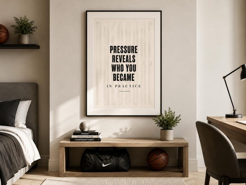 May include: A framed print with the text "PRESSURE REVEALS WHO YOU BECAME IN PRACTICE" hangs above a wooden bench. A black Nike duffel bag and a basketball sit on the bench. A basketball and a plant are on a shelf.