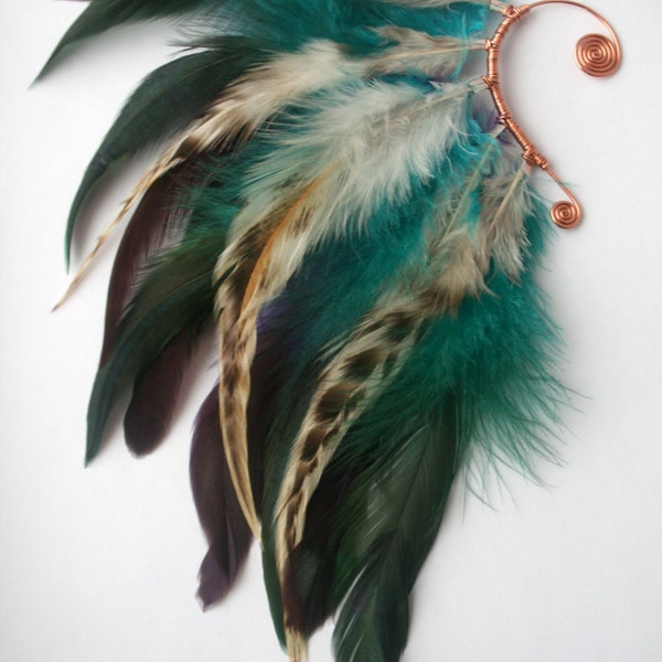 Turquoise and Purple Feather Ear Wrap, Ear Cuff
