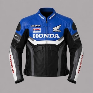 Könnte beinhalten: Eine Motorradjacke aus Leder in Blau, Schwarz und Weiß mit dem Honda-Logo, dem HRC Honda Racing-Emblem und CBR-Schriftzügen. Die Jacke verfügt über einen Stehkragen, einen durchgehenden Frontreißverschluss und Schutzpolster an den Schultern.