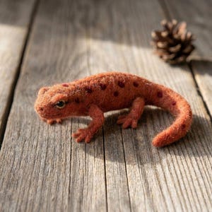 May include: A needle-felted orange salamander figurine with dark red spots along its back and tail. The textured, fuzzy creature has four legs, a long curved tail, and small dark eyes, crafted from wool fibers to resemble a realistic amphibian.