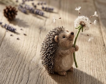 May include: A needle-felted hedgehog figurine with a light brown body and dark brown quills, holding a dandelion flower with white seeds blowing away. The small, textured creature has a rounded snout and stands upright on its hind legs.