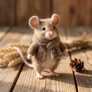 Könnte beinhalten: Eine nadelgefilzte Mausfigur mit hellbraunem Fell, die einen passenden braunen Strickschal und eine Jacke trägt. Die Maus hat große, abgerundete Ohren, einen cremefarbenen Bauch und einen langen, dünnen Schwanz und steht auf einer Holzoberfläche.
