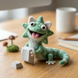 May include: A needle-felted green lizard figurine with white accents, large black eyes, and a pink tongue, holding a blank white computer keycap. A separate white keycap with the text ESC is positioned nearby on the wooden surface.