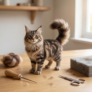 Op de afbeelding: Een bruin en zwart gestreept Maine Coon kattenbeeldje met een pluizige staart op een houten ondergrond. Naast de kat liggen een viltnaald met houten handvat, een bol wol en een kleine metalen schaar voor handwerk.