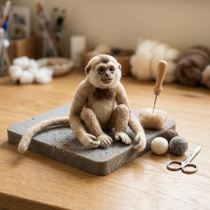 May include: A needle-felted gibbon figurine made of tan and cream wool fibers, sitting on a gray foam pad. Beside the monkey are a wooden-handled felting needle, a small wool ball, and a pair of silver metal scissors on the surface.