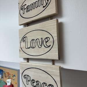 Op de afbeelding: Een houten wanddecoratie met drie rechthoekige platen. Elke plaat heeft een zwart ovaal met een woord in zwart schrift: "Family", "Love" en "Peace". De platen zijn verbonden door een natuurlijk touw.