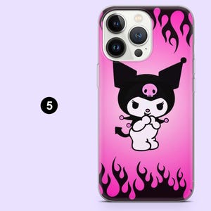 May include: A pink phone case featuring a black cartoon character with a skull on its head. The character is set against a pink background with black flame designs. The number "5" is in a black circle on the left side of the case.