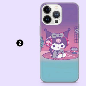 May include: A phone case featuring a cartoon character with a skull-shaped head and headphones. The case has a gradient background of blue, purple, and pink. The character is sitting on a pink rug, with a digital clock showing 18:02.
