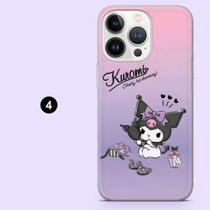 May include: A phone case with a gradient pink and purple background. The case features a cartoon character with a black head, a pink bow, and the text "Kuromi, Cheeky but charming!" The case also has a black number 4.