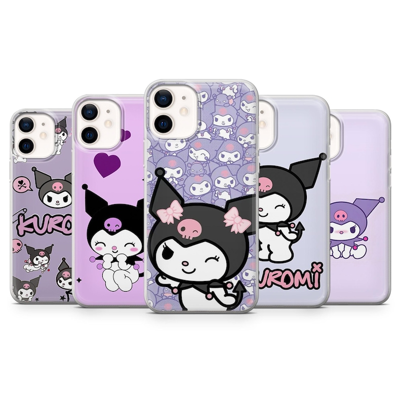 May include: Five phone cases showcasing the character Kuromi. The cases are predominantly purple and white, with designs including Kuromi's face, hearts, and the word "Kuromi". The cases are designed for a smartphone.