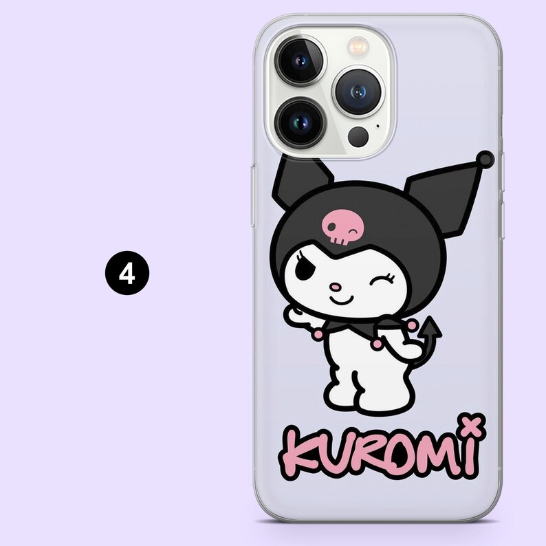 May include: Transparent phone case with a cartoon character in a black hood, skull, and devil tail. The character is winking, and the word "KUROMI" is in pink. The case is set against a light purple backdrop.