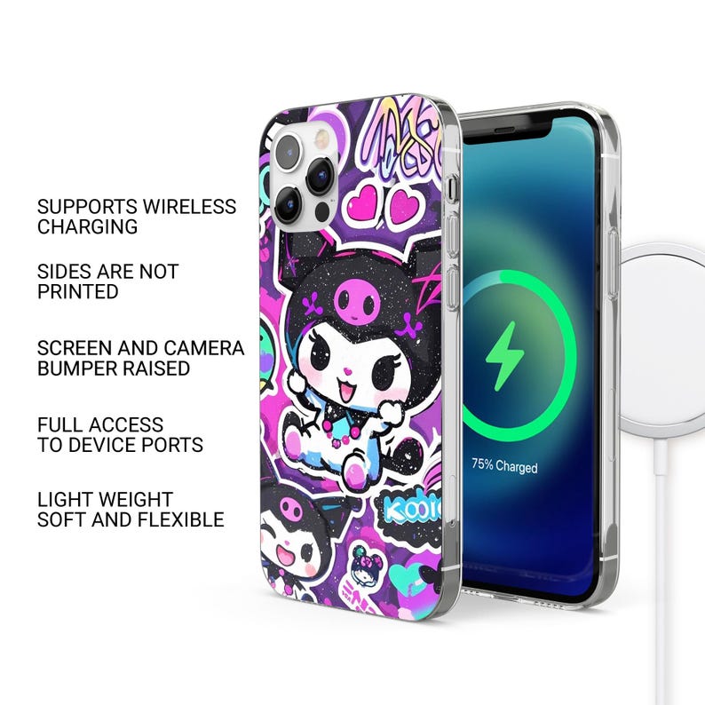 May include: A clear phone case with a colorful cartoon design featuring a character with a black and purple color scheme. The phone case is shown with a phone that is charging wirelessly. The case has the following features: supports wireless charging, sides are not printed, screen and camera bumper raised, full access to device ports, and is light weight and flexible.