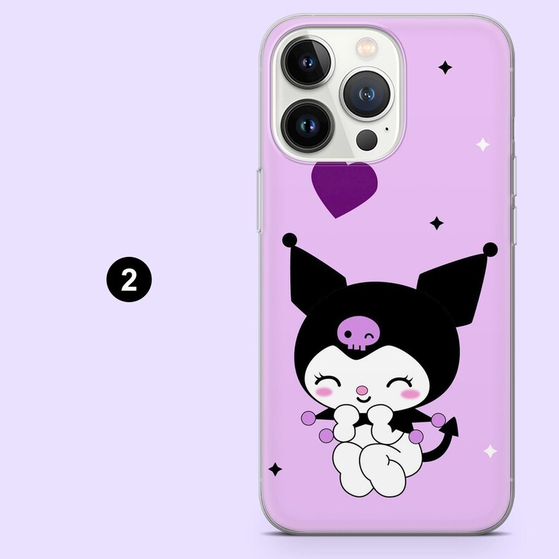 May include: A lilac phone case with a cartoon character design. The character has a black hood with a skull, a white face, and is holding purple orbs. A purple heart floats above the character. The case has a glossy finish.