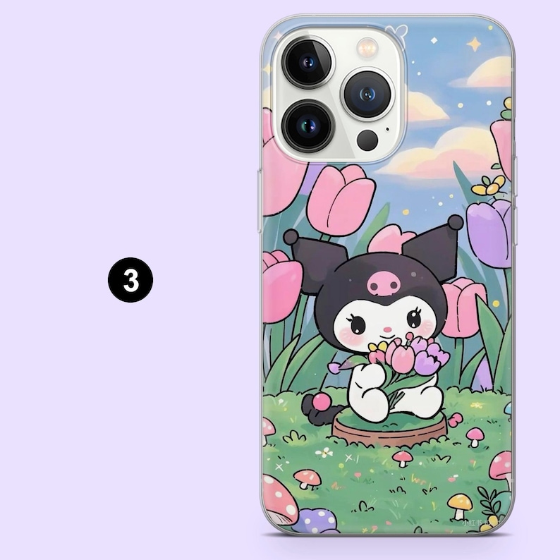May include: Clear phone case featuring a cartoon character with black ears and a pink bow, holding flowers in a garden of pink and purple tulips. The background shows a blue sky with clouds and stars.