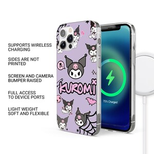 May include: A light purple phone case with a cartoon character design and the word "Kuromi" in pink. The phone case is shown with a phone displaying a charging screen. Text on the case reads: Supports Wireless Charging, Sides Are Not Printed, Screen and Camera Bumper Raised, Full Access to Device Ports, Light Weight Soft and Flexible.