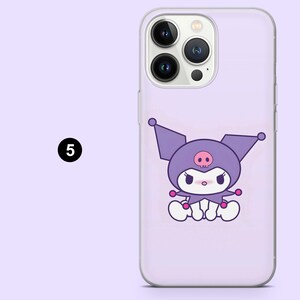 May include: A lilac phone case with a cartoon character wearing a purple hat with a skull emblem. The character has a pink nose, pink cheeks, and a white body. The phone case has a clear border and a camera cutout.