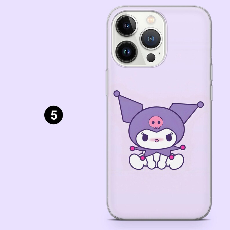 May include: A lilac phone case with a cartoon character wearing a purple hat with a skull emblem. The character has a pink nose, pink cheeks, and a white body. The phone case has a clear border and a camera cutout.